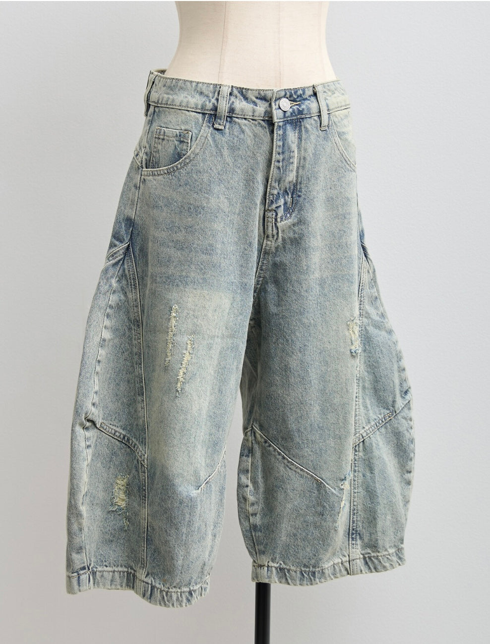 Barrel-Cut Washed Denim Shorts