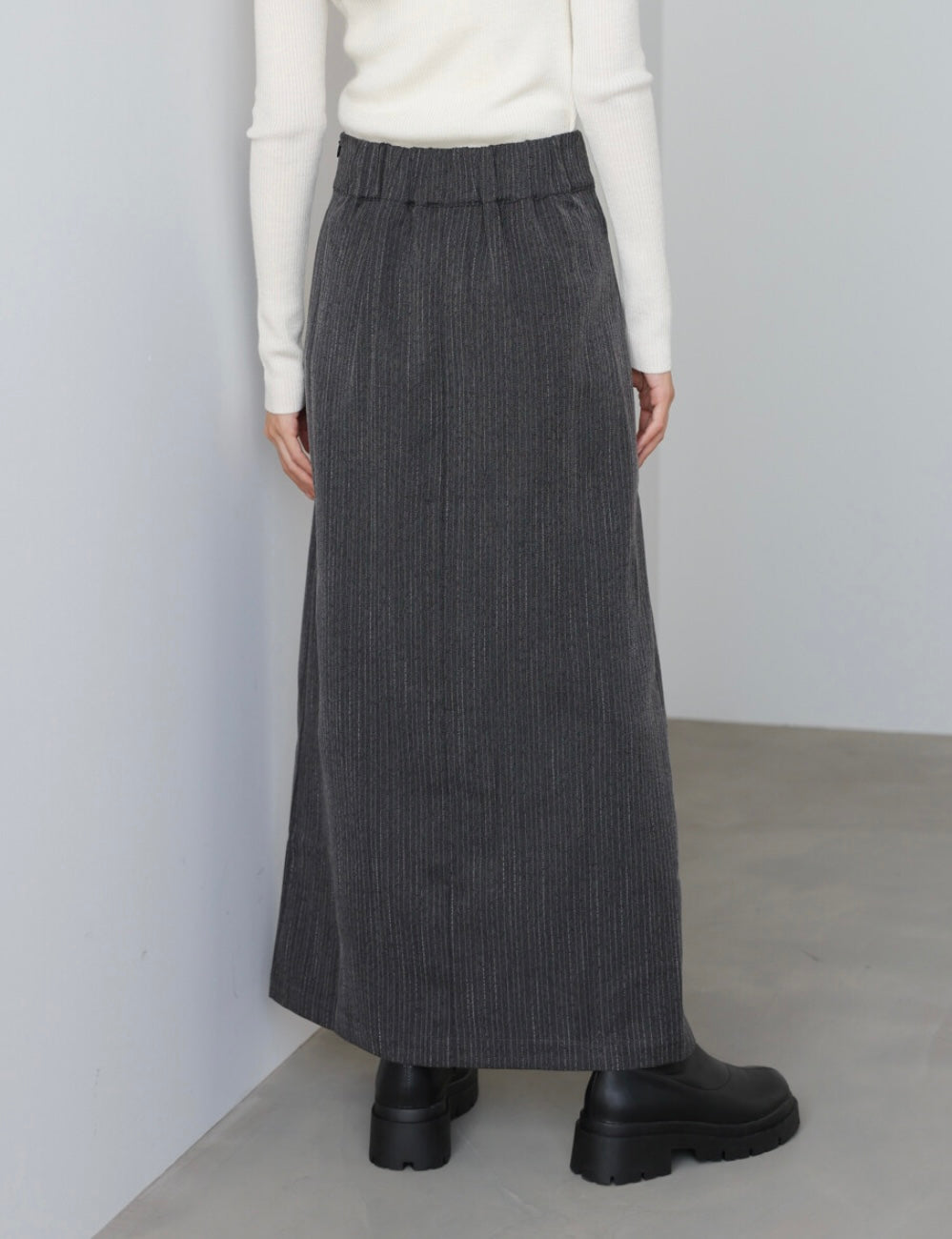 Bab Pinstripe Pleated Skirt with Diagonal Buttons