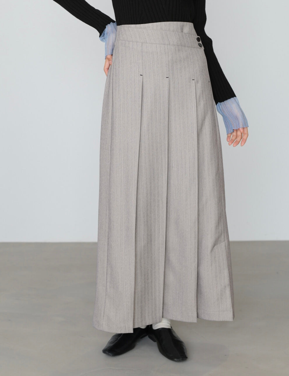 Bab Pinstripe Pleated Skirt with Diagonal Buttons