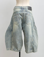 Barrel-Cut Washed Denim Shorts