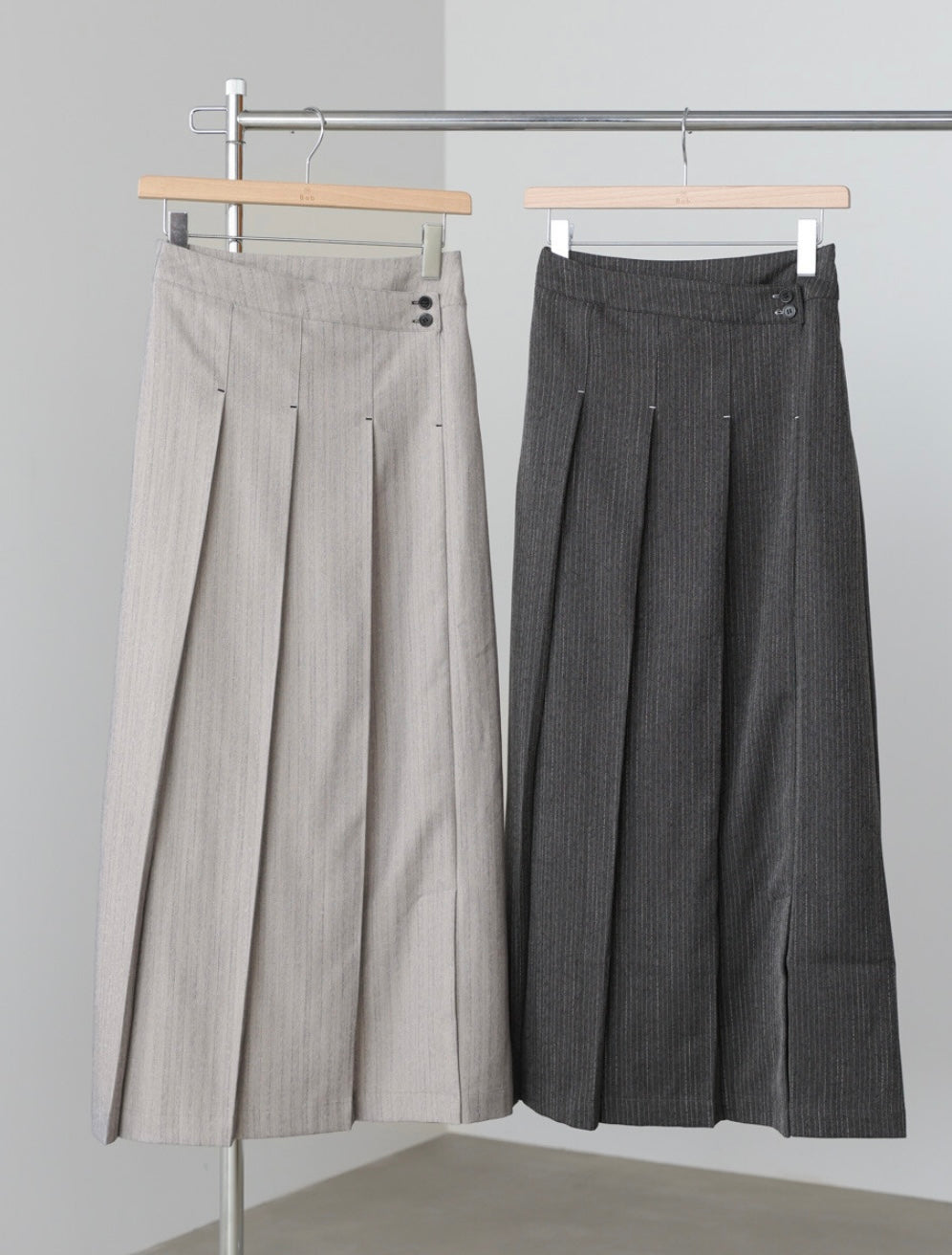 Bab Pinstripe Pleated Skirt with Diagonal Buttons