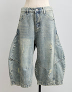 Barrel-Cut Washed Denim Shorts