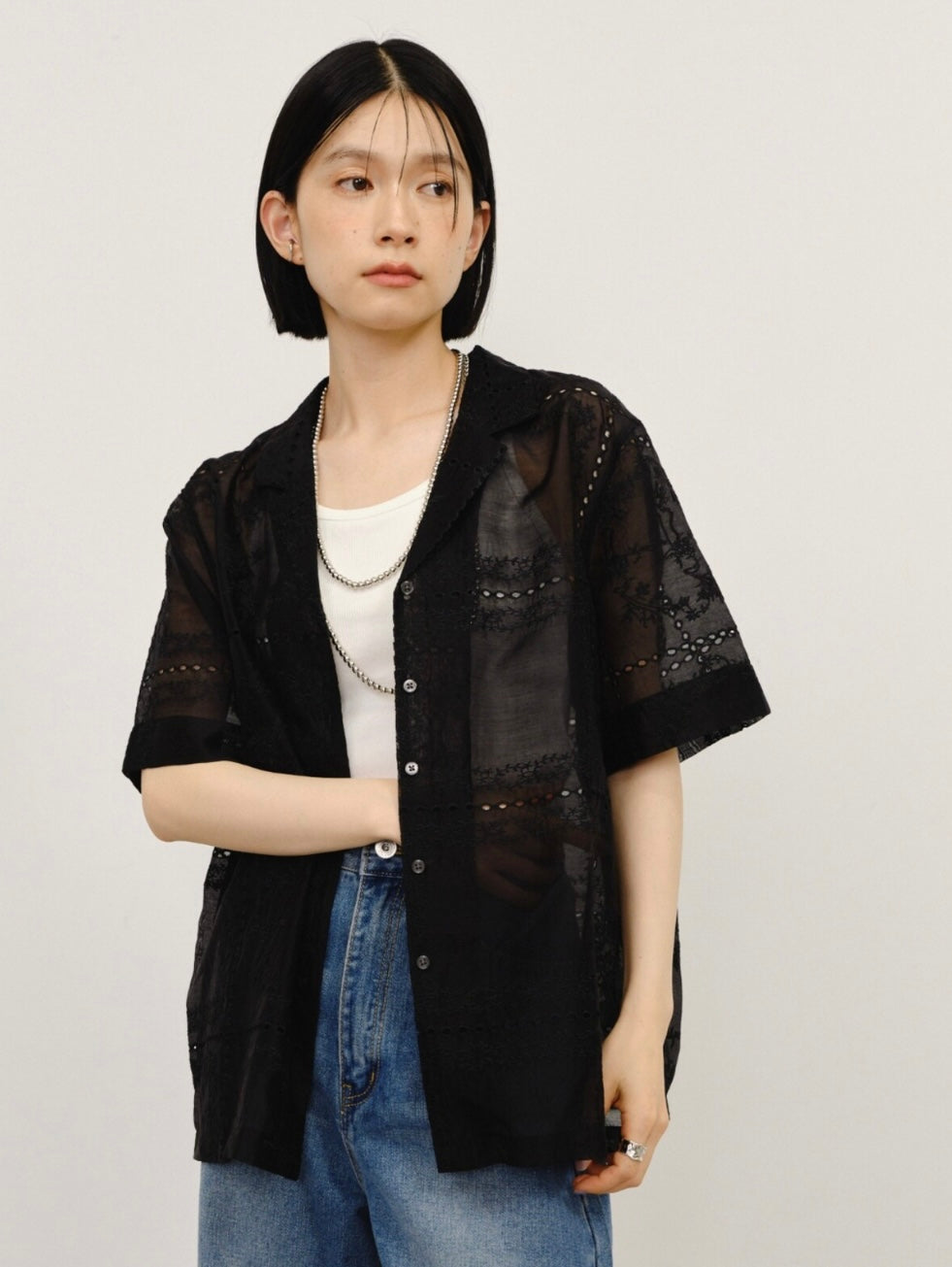 Embroidered Sheer Short Sleeve Shirt