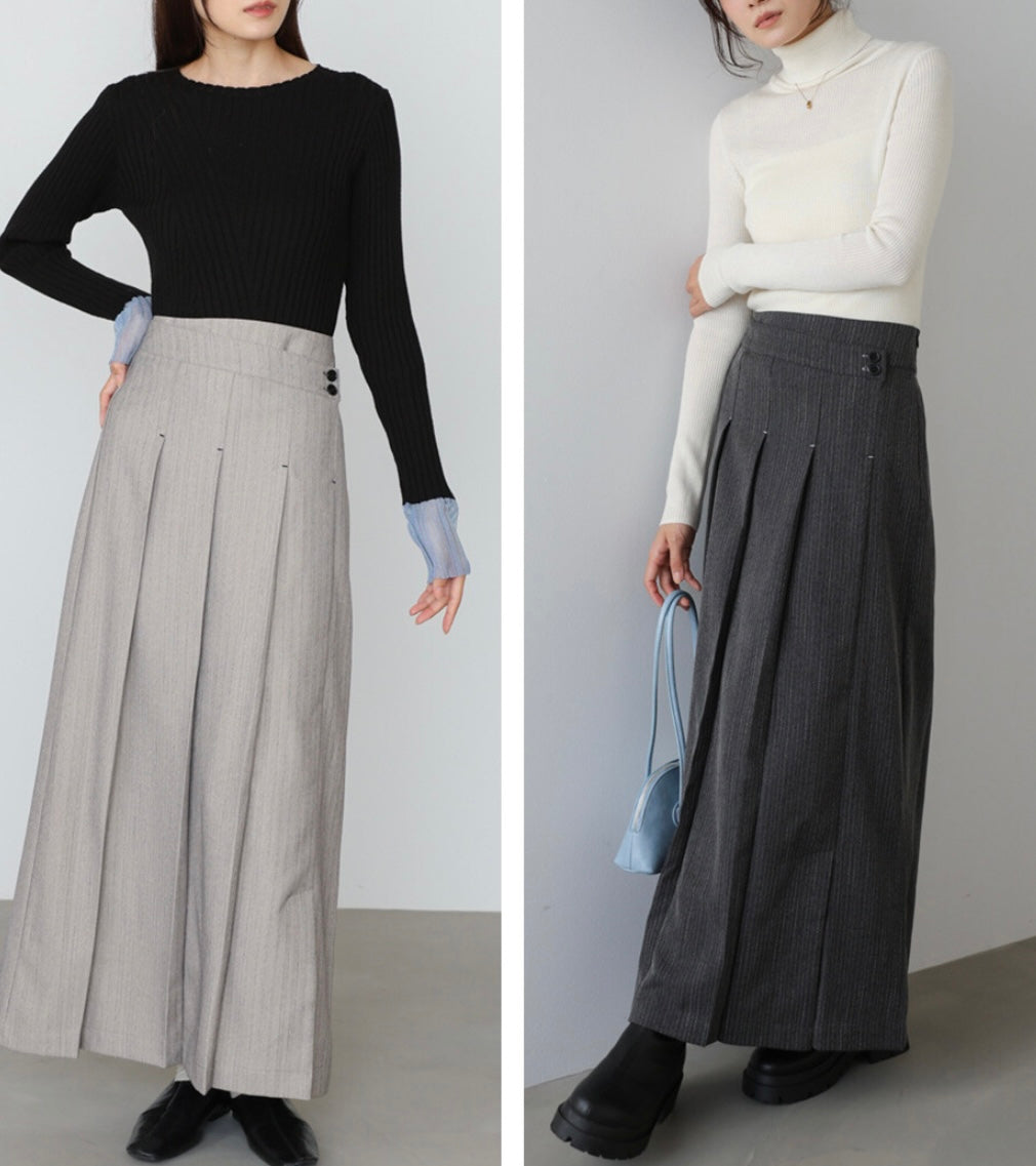 Bab Pinstripe Pleated Skirt with Diagonal Buttons
