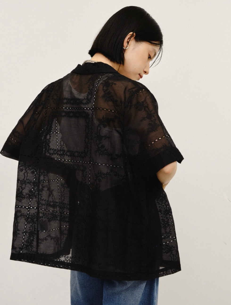 Embroidered Sheer Short Sleeve Shirt