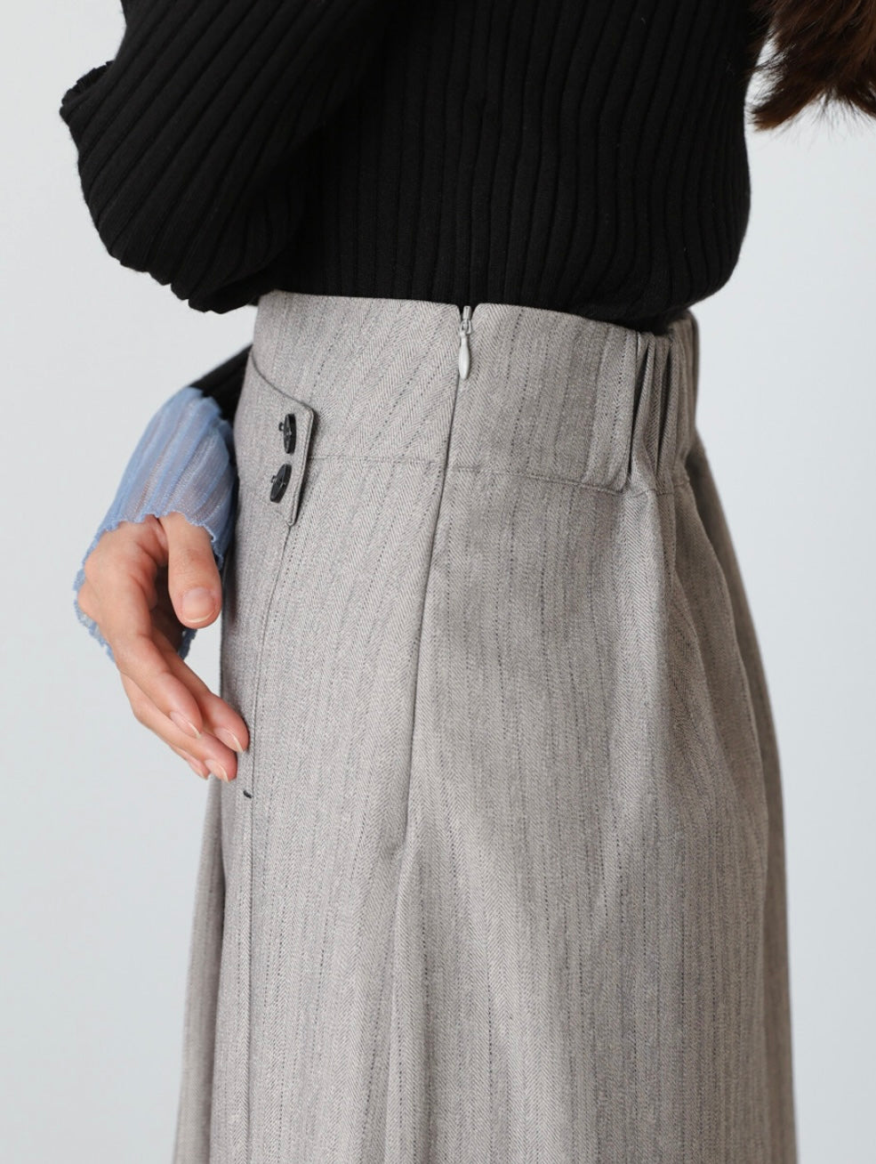 Bab Pinstripe Pleated Skirt with Diagonal Buttons