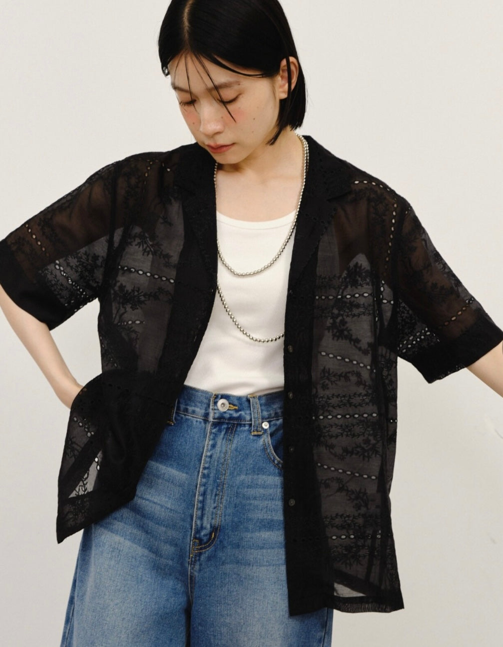 Embroidered Sheer Short Sleeve Shirt